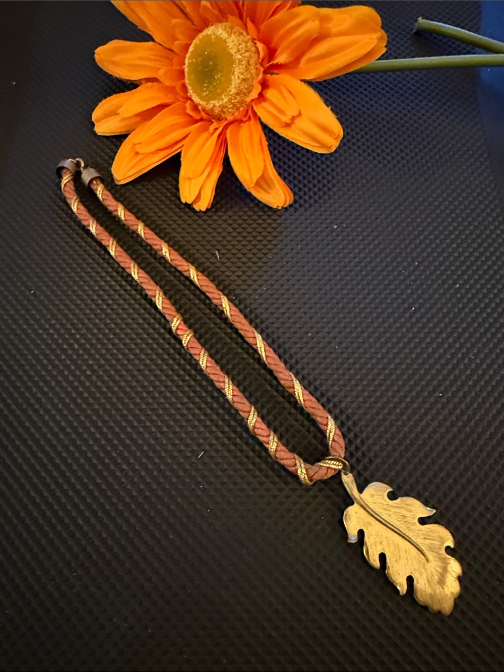 Vintage Handcrafted Gold Leaf Pendant Necklace in Brown and Gold - Women Jewelry